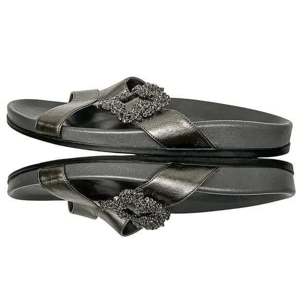 Manolo Blahnik Chilanghi Satin Jewel Buckle Flat Mules Silver EU 39 Slip On
